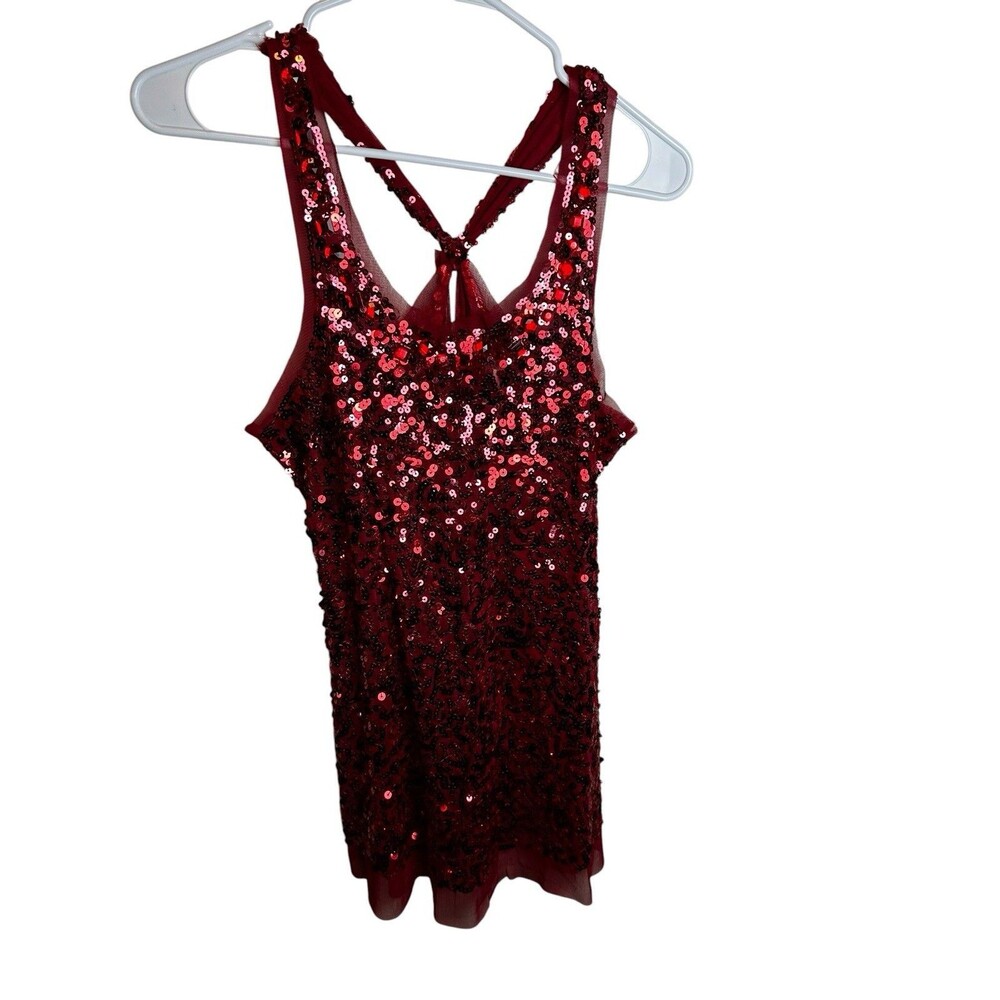Wet Seal Y2K Red Sequin Mesh Tank Top Racerback Gem Embellished Size XL